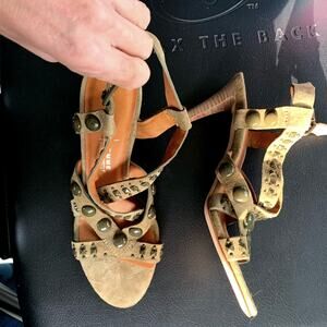BRAND NEW $225 OLIVE GREEN ITALIAN STUDDED SUEDE HIGH HEEL STRAPPY SANDALS 38
